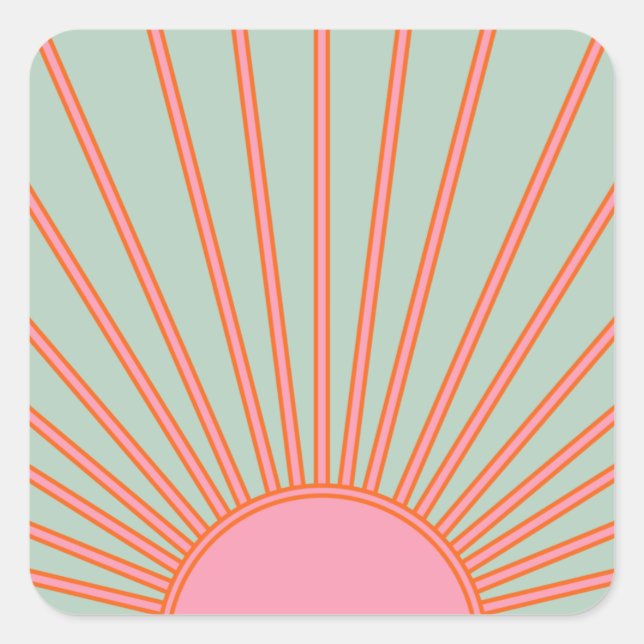Sun Sunrise Green And Pink Abstract Retro Sunshine Square Sticker (Front)