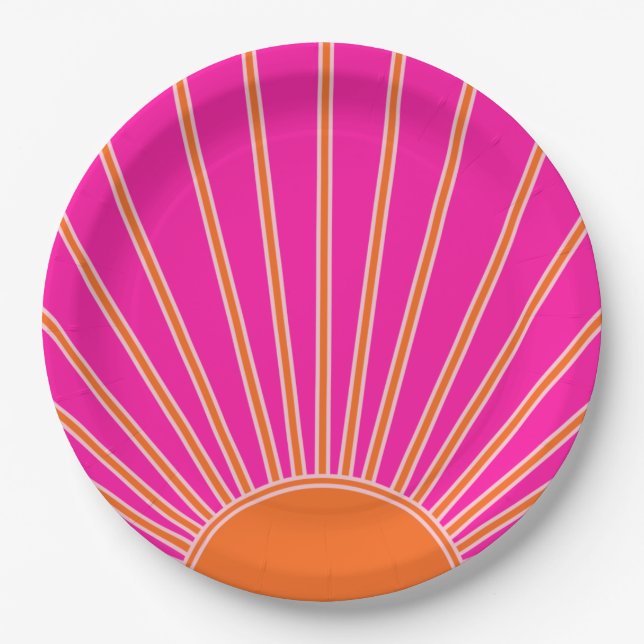 Sun Sunrise Hot Pink And Orange Preppy Sunshine Paper Plate (Front)