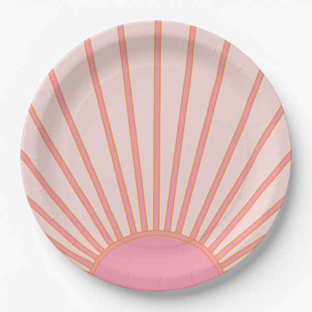 Sun Sunrise Pink Abstract Retro Sunshine Paper Plate (Front)