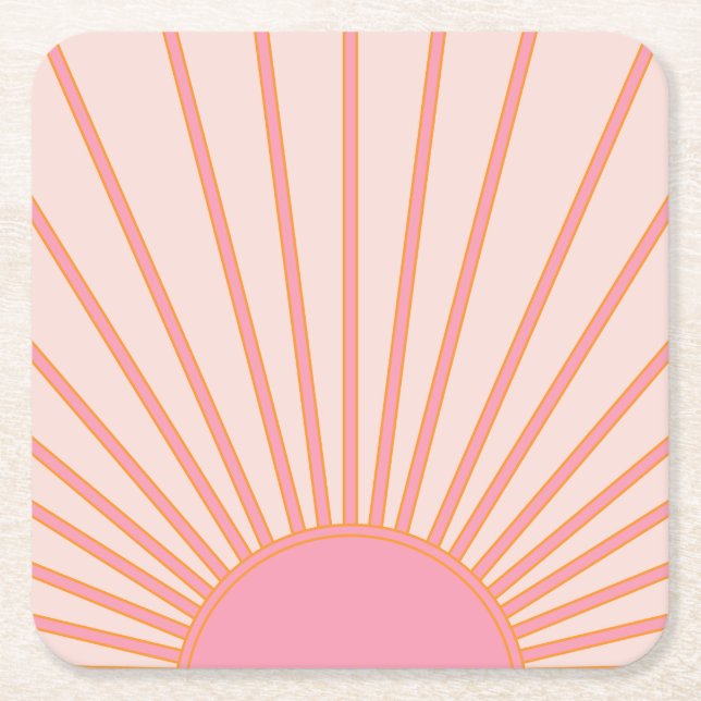 Sun Sunrise Pink Abstract Retro Sunshine Square Paper Coaster (Front)