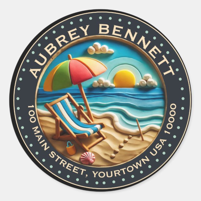 Sun & Surf Beach Clay Look Art Name & Address Classic Round Sticker (Front)
