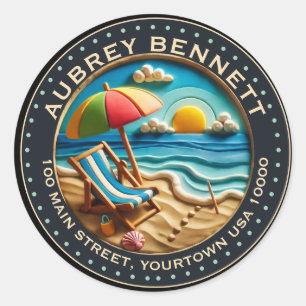 Sun & Surf Beach Clay Look Art Name & Address Classic Round Sticker