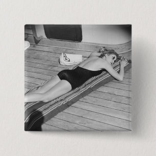 Sun Tanning Woman 15 Cm Square Badge