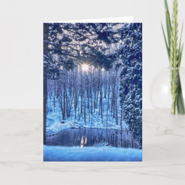 Sun through Trees onto Pond in Snow Holiday Card (Front)