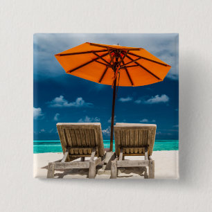 Sun Umbrella On Sandy Beach Maldives 15 Cm Square Badge