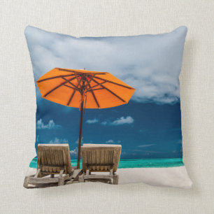 Sun Umbrella On Sandy Beach Maldives Cushion