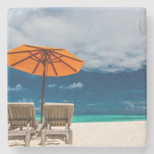Sun Umbrella On Sandy Beach |Maldives Stone Coaster (Front)