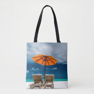 Sun Umbrella On Sandy Beach  Maldives Tote Bag