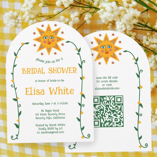 Sun & Vines Boho Arch Whimsical CUSTOM QR Bridal  Invitation (Sun & Vines Boho Arch Whimsical CUSTOM QR Code Bridal Shower Invitation
)