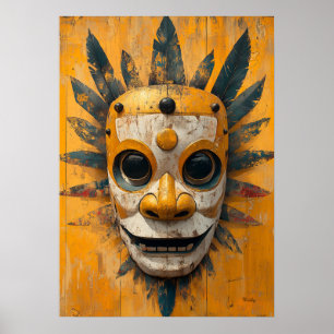 Sun Warrior Mask – Mesoamerican Ritual Symbol Poster