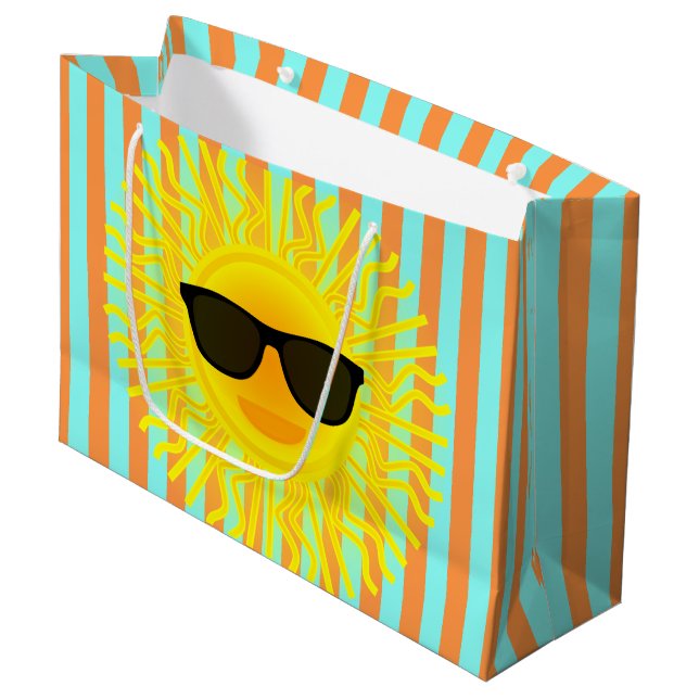 Sun with Dark Sunglasses on Aqua & Orange Stripes Large Gift Bag (Front Angled)