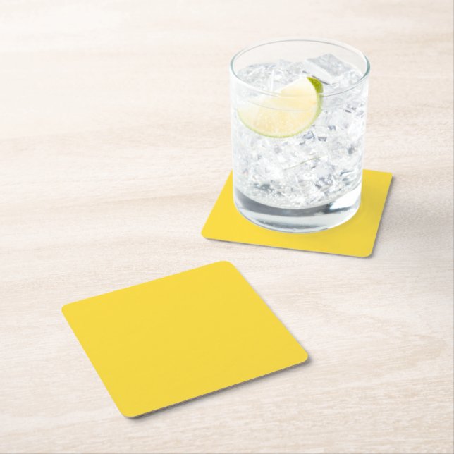 Sun Yellow Solid Colour | Classic Elegant Square Paper Coaster (Insitu)