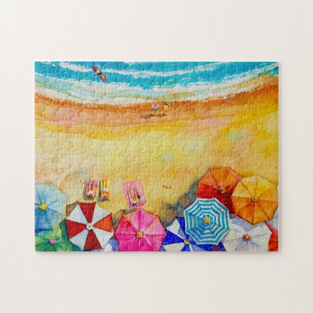 Sunbathers Colorful Beach Umbrellas Jigsaw Puzzle (Horizontal)