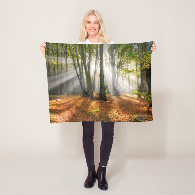 Sunbeams in a misty beech tree forest in autumn - fleece blanket (In Situ)