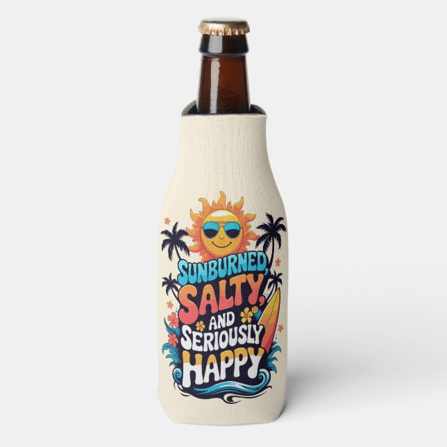 Sunburned Salty and Happy – Retro Beach Vibes Bottle Cooler (Bottle Front)