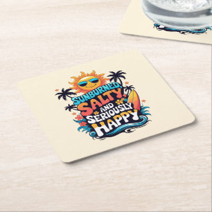 Sunburned Salty and Happy – Retro Beach Vibes Square Paper Coaster
