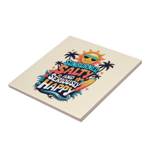 Sunburned Salty and Happy – Retro Beach Vibes Tile
