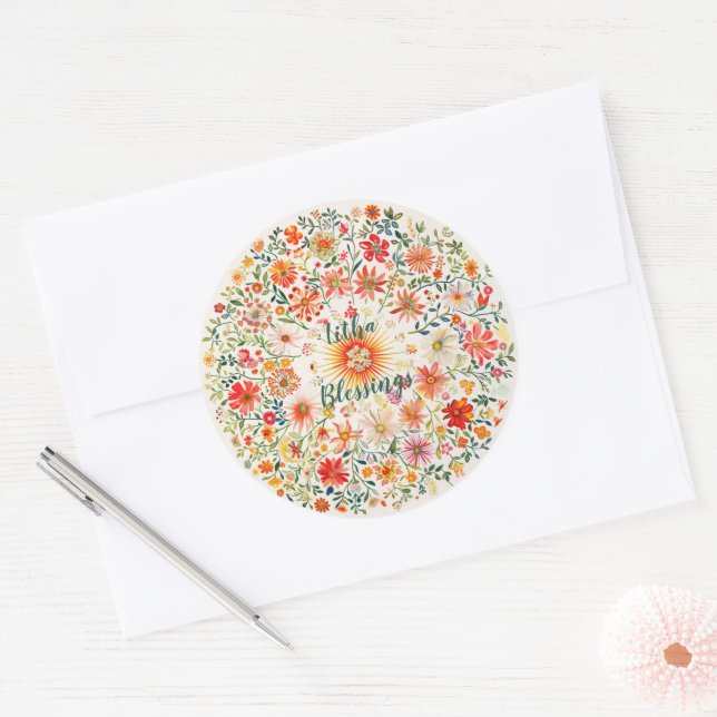 Sunburst and Floral Pattern Litha Classic Round Sticker (Envelope)