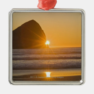 Sunburst And Haystack Rock At Cape Kiwanda Metal Tree Decoration
