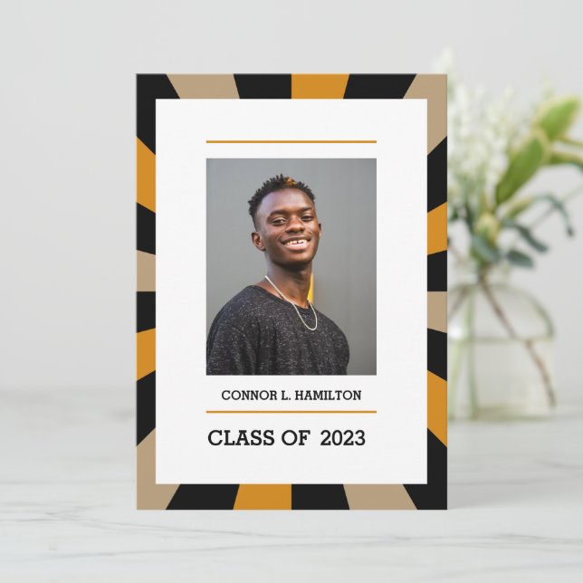 Sunburst | Black Gold Orange Photo Graduation Invitation (Standing Front)