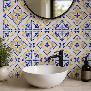 Sunburst Bloom Elegant Blue Gold Floral Mosaic Tile