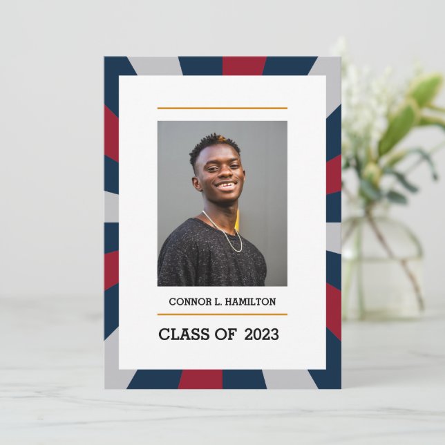 Sunburst | Crimson Navy Grey Photo Graduation  Invitation (Standing Front)