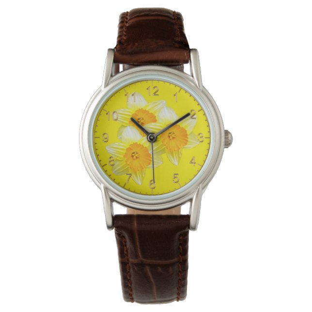 Sunburst Golden Daffodils, Ladies Leather Watch (Front)