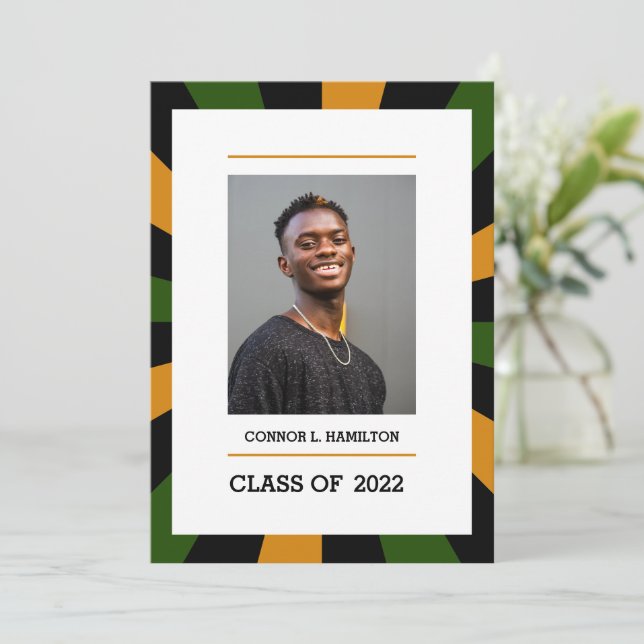 Sunburst | Green Orange Black Photo Graduation Invitation (Standing Front)