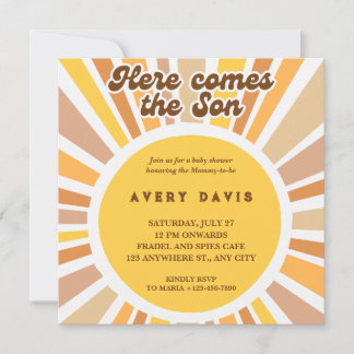 Sunburst Here Come The Son Yellow Brown Flat Retro Invitation