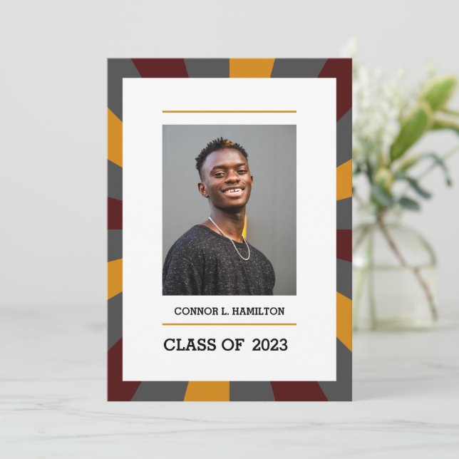 Sunburst | Maroon Orange Grey Photo Graduation   Invitation (Standing Front)