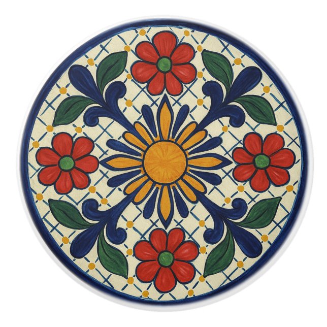 Sunburst Mexican Talavera Floral Ceramic Knob (Front)