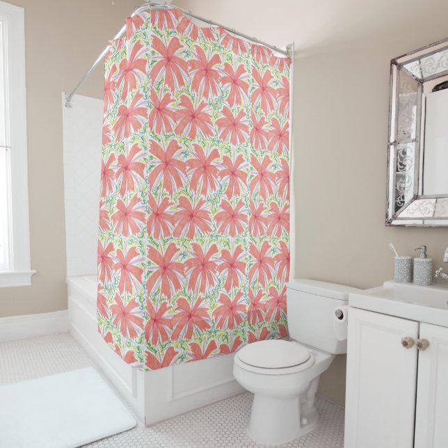 Sunburst Tropical Flower Pattern Shower Curtain (In Situ)