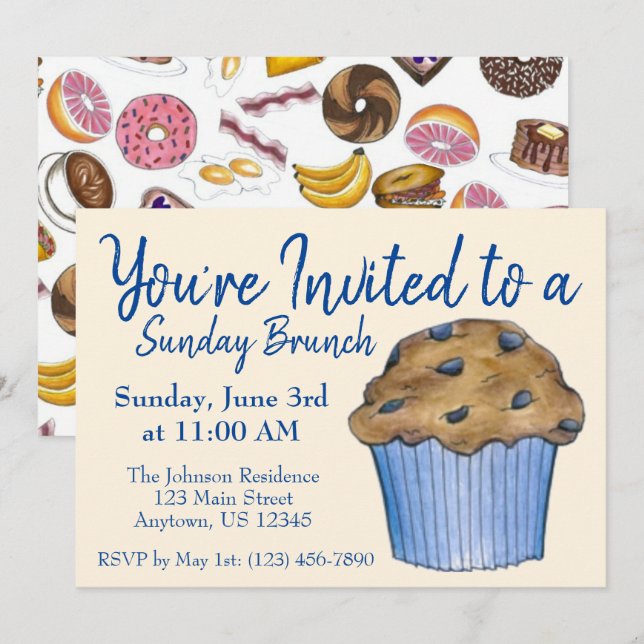 Sunday Breakfast Brunch Blueberry Muffin Invitation (Front/Back)