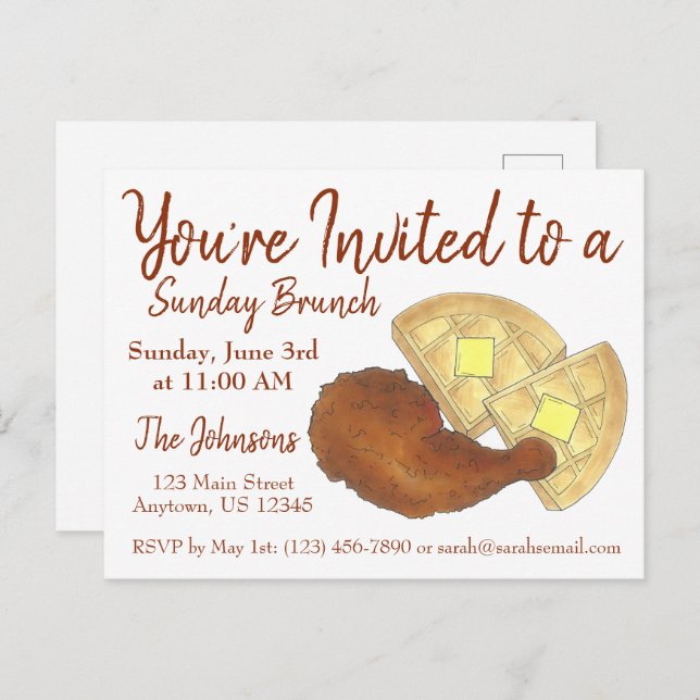 Sunday Breakfast Brunch Chicken and Waffles Invitation Postcard (Front/Back)