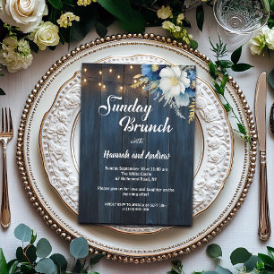 Sunday Brunch Blue Wood String Lights Wedding Invitation