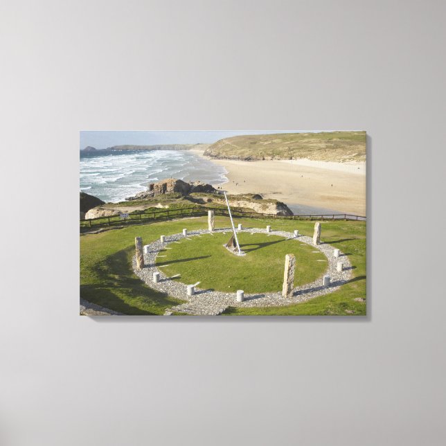Sundial and Perran Beach, Perranporth, Cornwall, Canvas Print (Front)