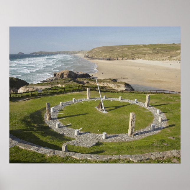 Sundial and Perran Beach, Perranporth, Cornwall, Poster (Front)