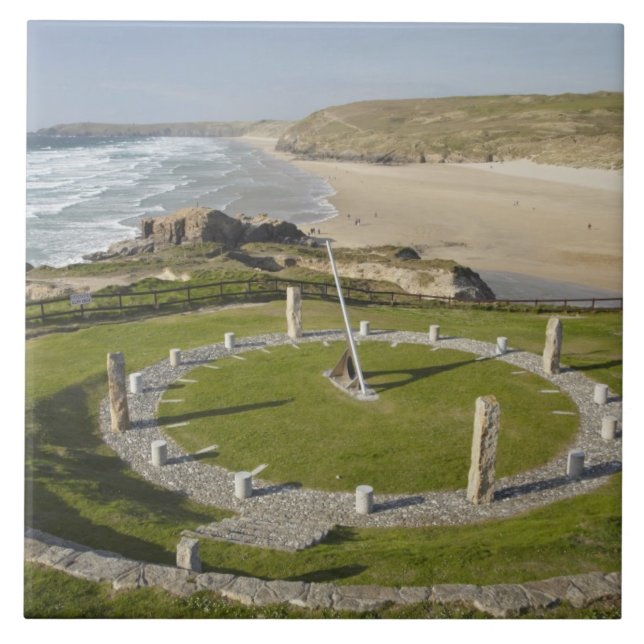 Sundial and Perran Beach, Perranporth, Cornwall, Tile (Front)