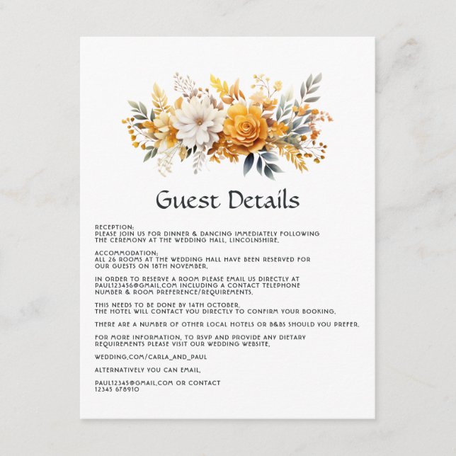 Sundial Floral Wedding Guest Details Enclosure Card (Front)