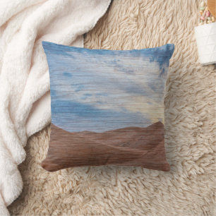 Sundown Over Sand Dunes On Wood Grain Photo Cushion