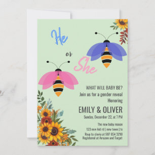 Sunflowe bee bird boy or girl gender reveal party invitation