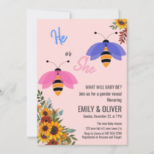 Sunflowe bee bird boy or girl gender reveal party invitation