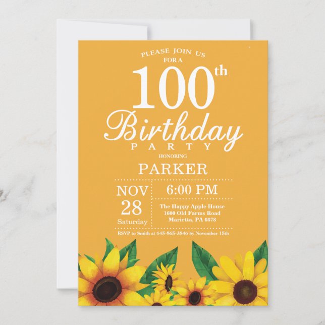 Sunflower 100th Birthday Invitation (Front)