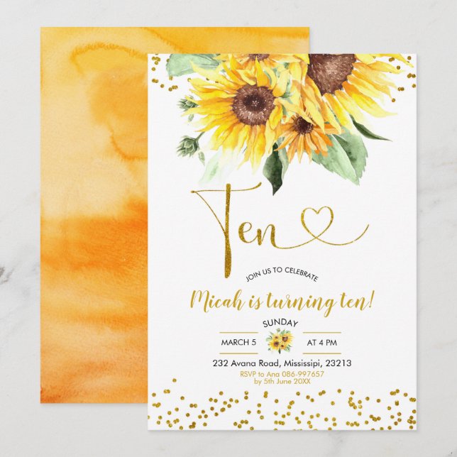 Sunflower 10th Birthday Invitation (Front/Back)