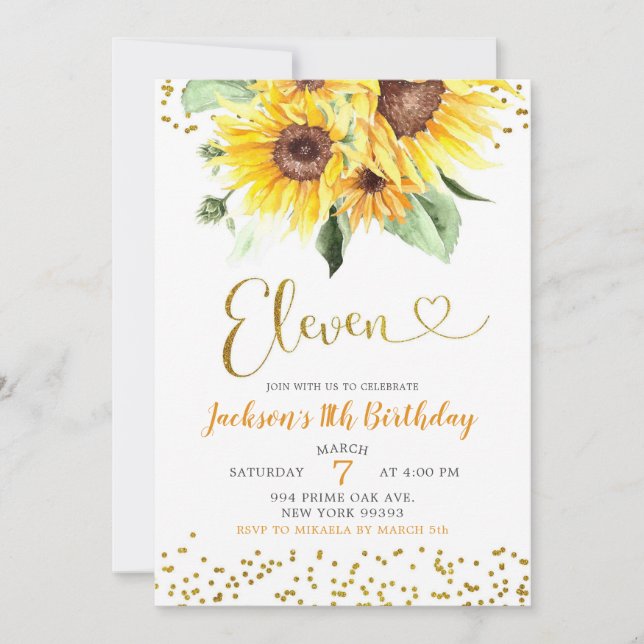 Sunflower 11th Birthday Invitation (Front)