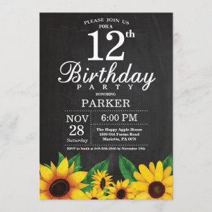 Sunflower 12th Birthday Invitation
