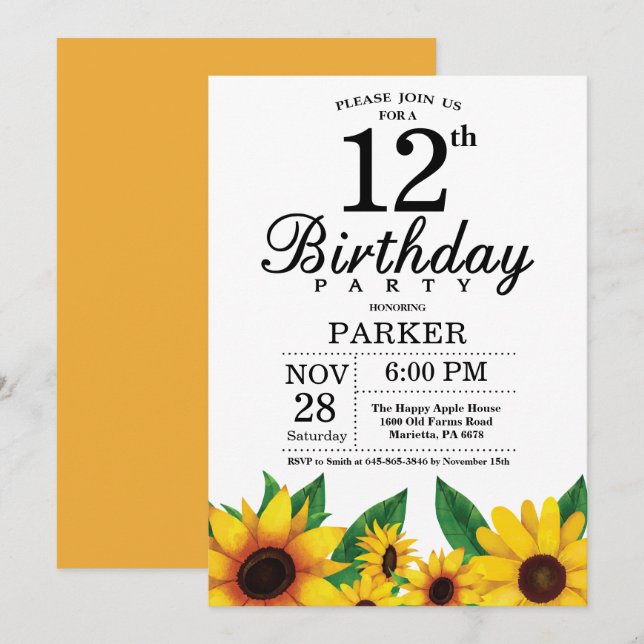 Sunflower 12th Birthday Invitation (Front/Back)