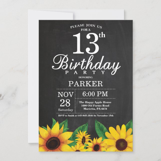 Sunflower 13th Birthday Invitation (Front)