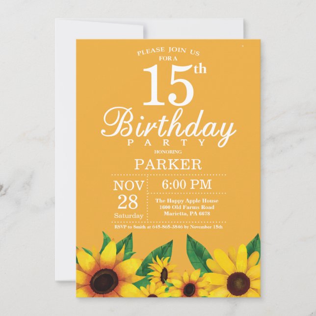 Sunflower 15th Birthday Invitation (Front)