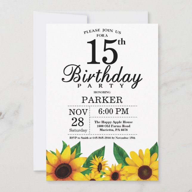Sunflower 15th Birthday Invitation (Front)
